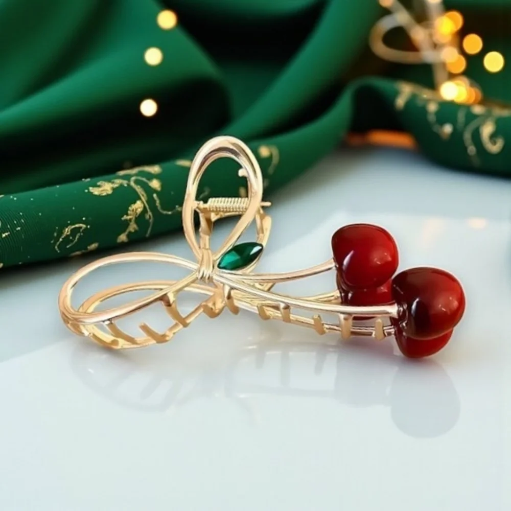 Cherry Hair Claw Clip Non-Slip Bow-Knot 🍒 Metal Hair Clip for Women & Girls